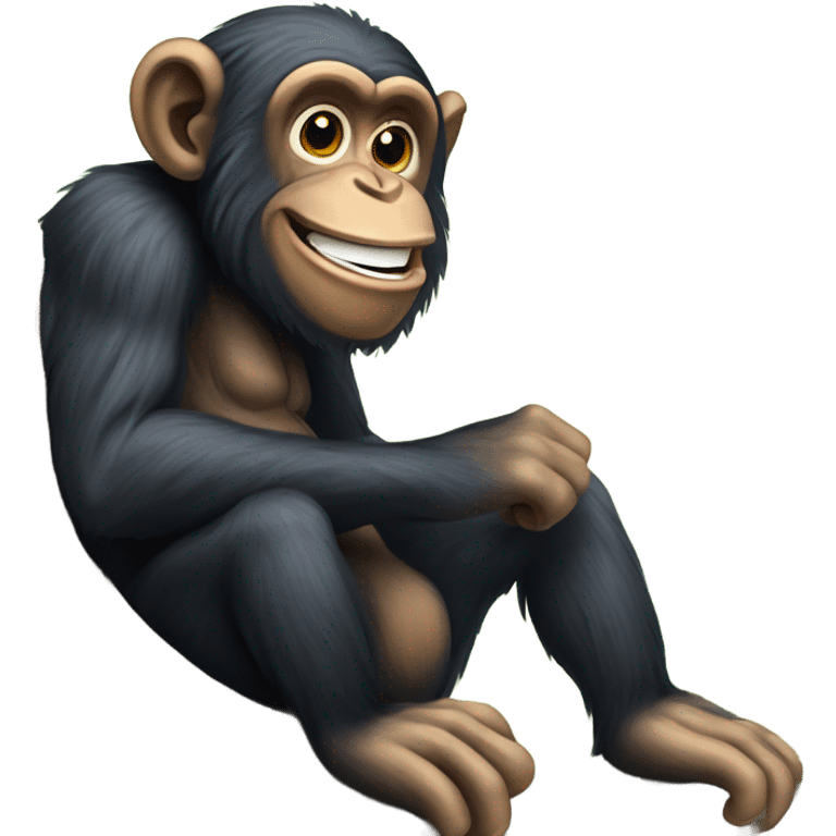  Chimpanzee with buck teeth smiling on a sideways tree trunk in the forest rainforest or jungle emoji