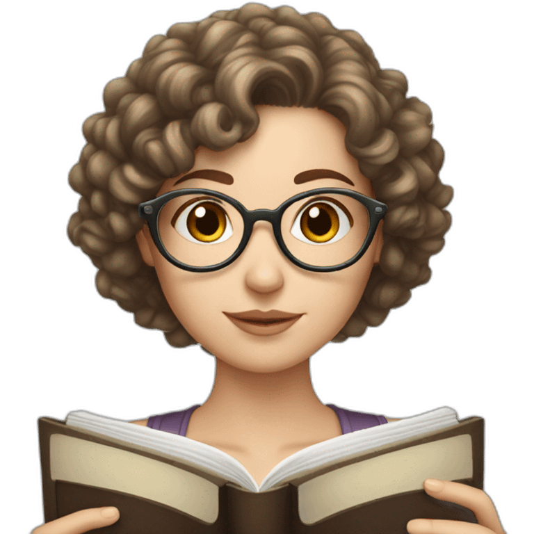 white girl with round silver glasses and really short brown curly hair reading a book emoji