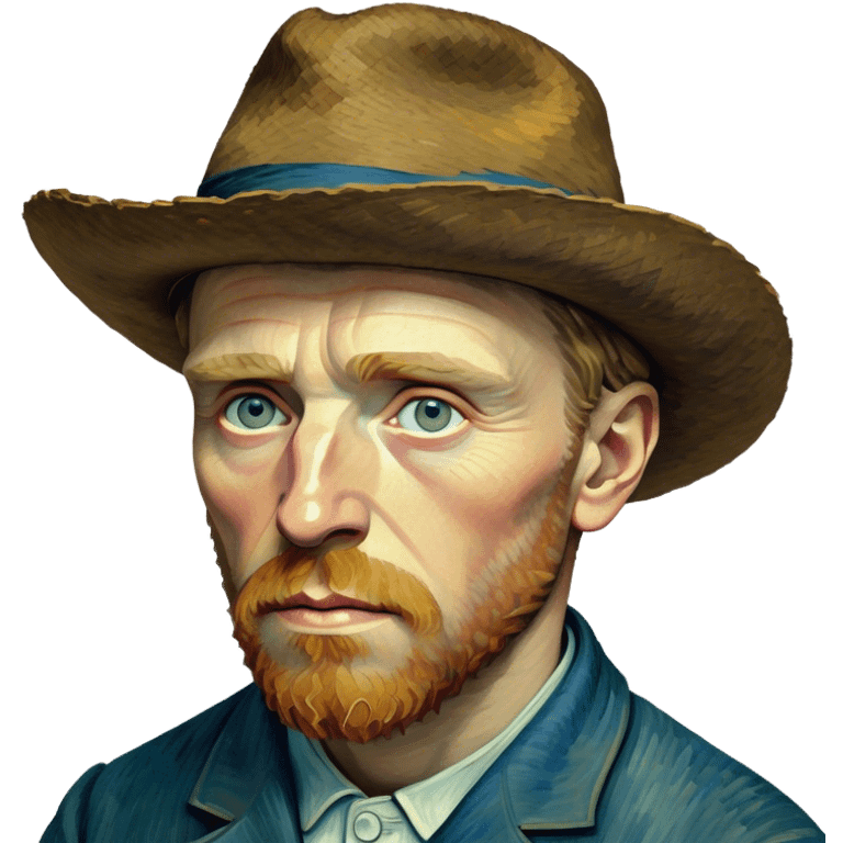 Cinematic Realistic Vincent van Gogh Portrait Emoji, depicted as the iconic artist with expressive brushstrokes and soulful eyes, rendered with rich textured detail and dynamic emotive lighting that captures his creative genius. emoji