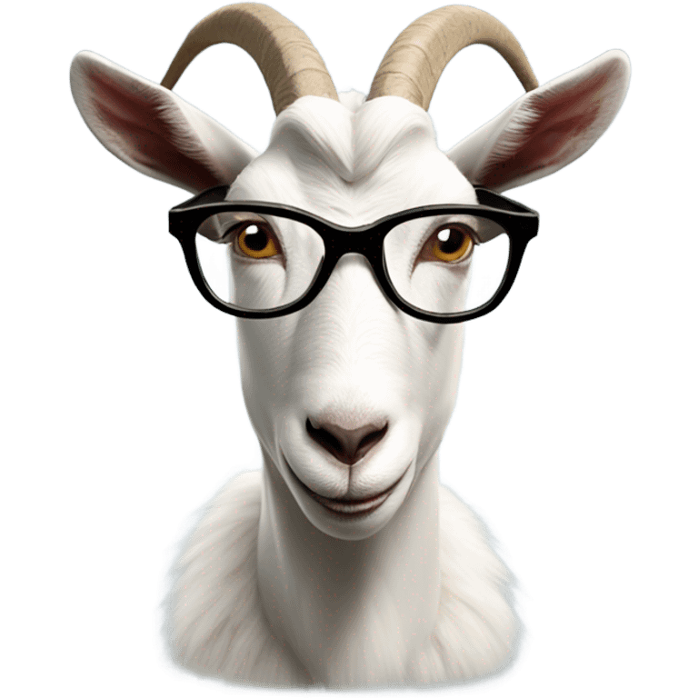 a goat with glasses superimposed on its face. The goat's expression is straight and the glasses give it a human-like appearance. emoji