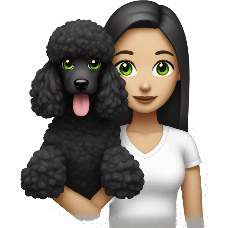 girl in white t shirt with long straight brunette hair and green eyes with black  poodle emoji