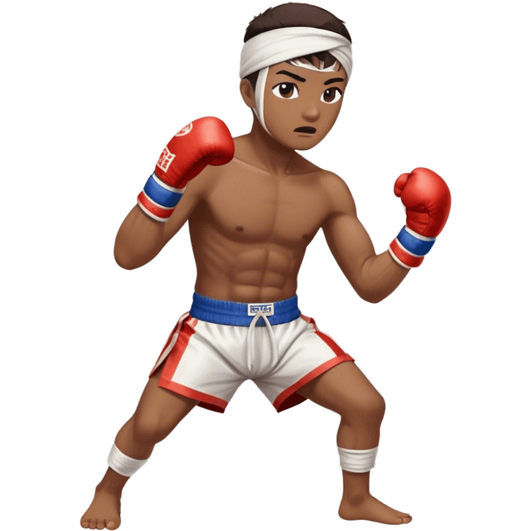 ​Cinematic Realistic Traditional Muay Thai Fighter, depicted in authentic attire featuring white bandaged gloves wrapped around his fists, a traditional headband tied neatly, and classic Muay Thai shorts, captured in a dynamic fighting stance under dramatic, high-energy lighting that highlights the raw power and elegance of the art, emoji