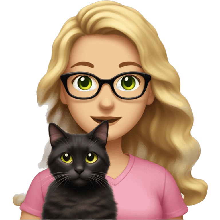 woman with glasses and green eyes and long wavy blonde hair in a pink shirt is holding a very fluffy and fat black and tortoiseshell cat emoji