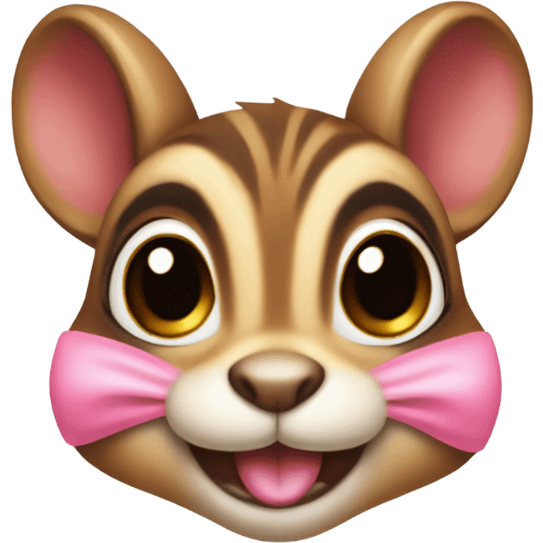 cute chipmunk, with mini pink bow, smiling, big brown eyes emoji