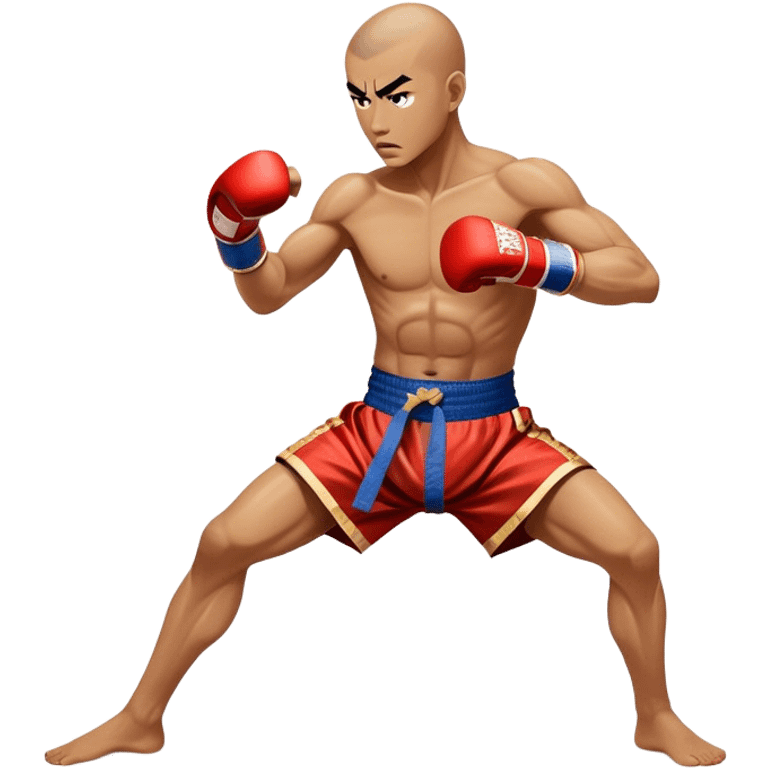 Cinematic Realistic Traditional Muay Thai Emoji, depicted as an intense dynamic martial arts scene featuring a fighter in traditional Muay Thai stance and attire, rendered with rich textures and energetic dramatic lighting that captures the sport's raw power. emoji