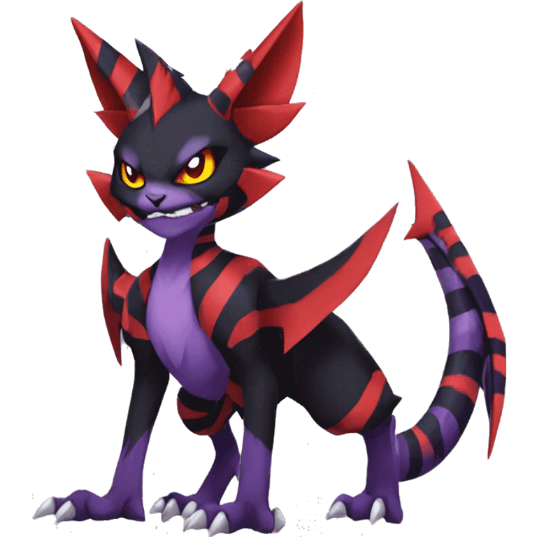 Black-Red-Purple Anthro Cool Punk Noivern-Litten-Fakemon-fursona with fangs and stripes Full Body emoji