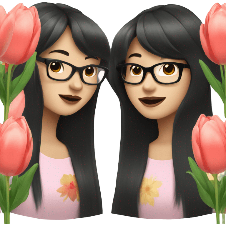 asian pale skin girl with long black shaking hair and bangs and glasses holding tulips emoji