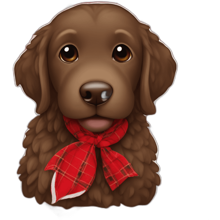 Chocolate brown colored doodle with a red and black flannel hankerchief holding a plush trout fish chew toy emoji