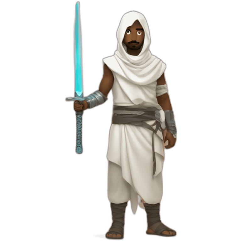 desert white man wearing shimagh and handling a cyberpunk sword emoji