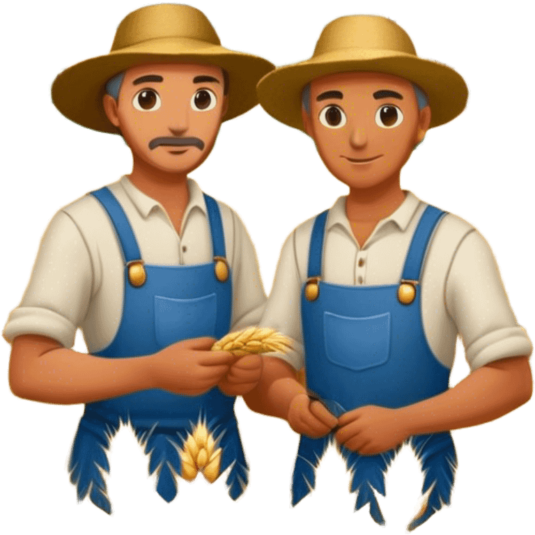 two medieval farmers, working a field of wheat crops. Surrounded by a landscape and small houses emoji