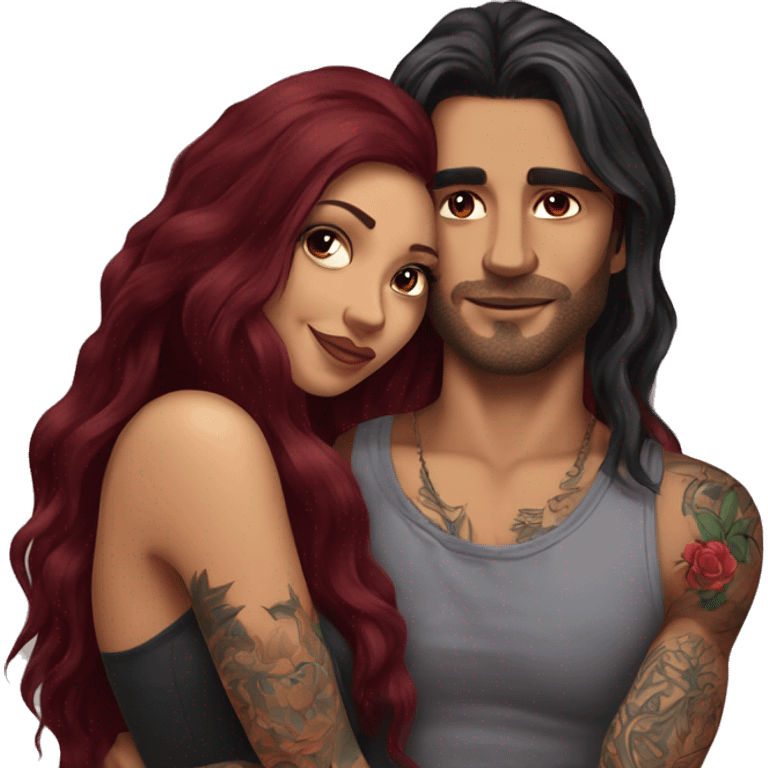 Beautiful tattooed burgundy long haired woman laying on her boyfriends chest emoji