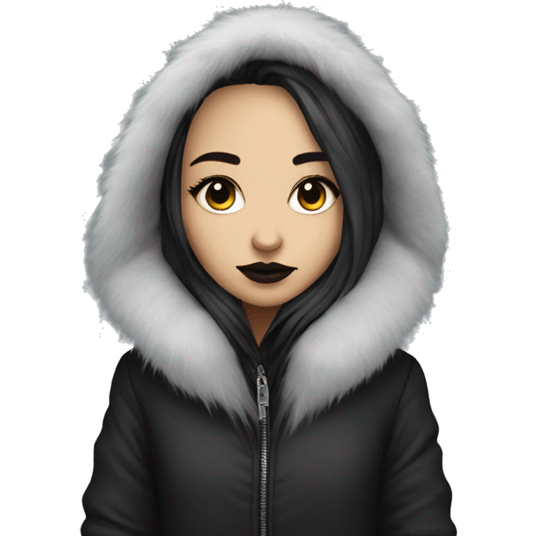 Goth girl in winter coat with fur hood emoji