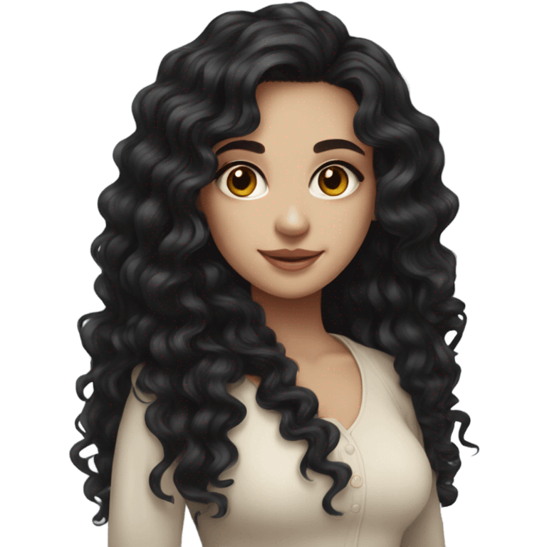 Beautiful girl, long black hair, curly hair, deep brown eyes, pale skin emoji