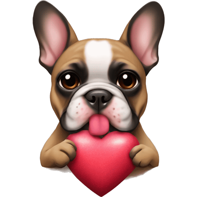 Black and tan colored French bulldog holding Valentine in mouth emoji