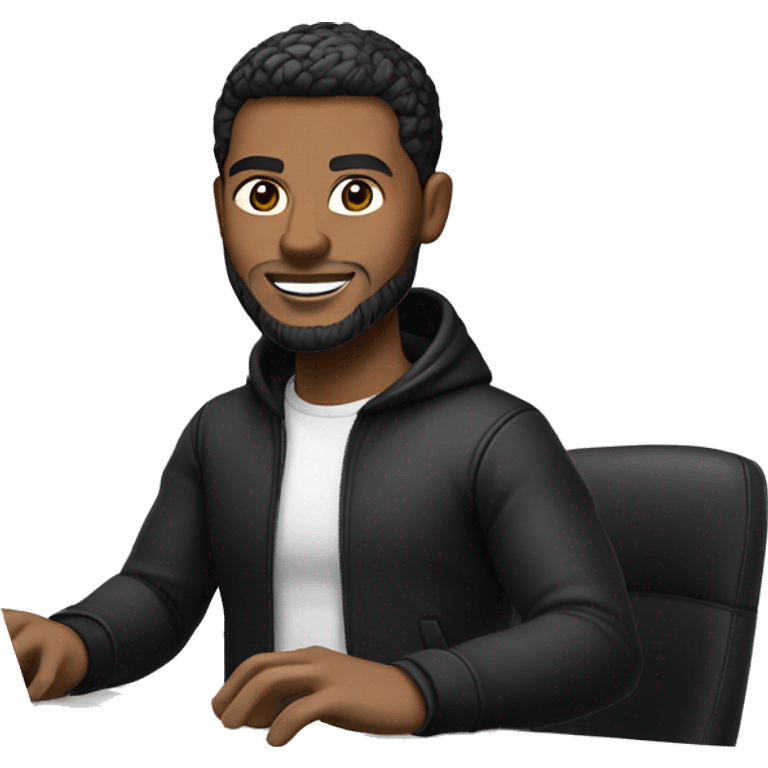 memoji of a man with a laptop in front, apple-style, fair white skintone, black jacket or hoodie,modern,black hair,black sweater,computer in hand,sitting on his desk emoji