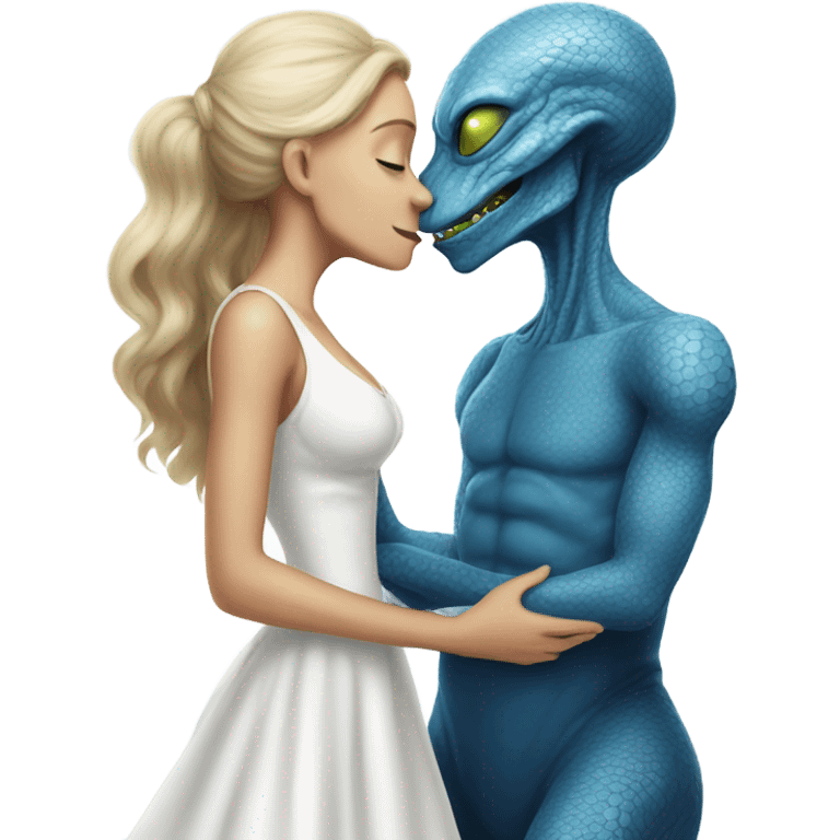 White man in blue dress hugs and kissing Alien reptilian woman in white dress  emoji