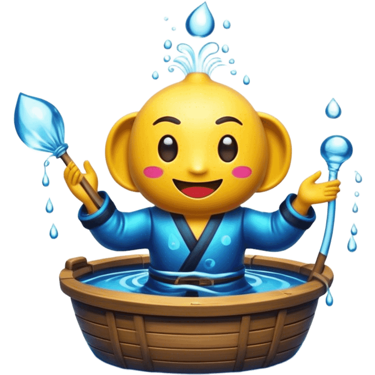 Cinematic Realistic Water Puppetry Pop Culture Emoji, depicted as a whimsical scene of traditional water puppetry rendered with dynamic textures and playful lighting. emoji