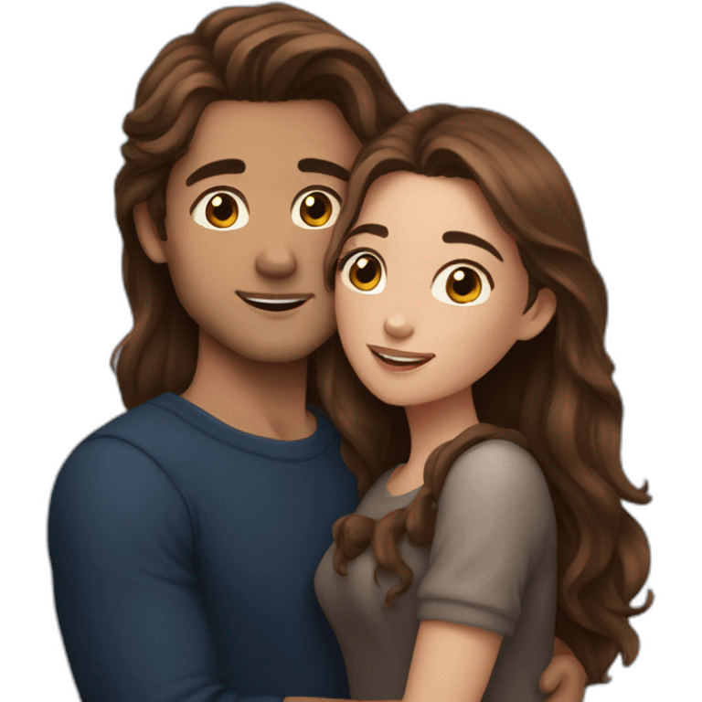 Beautiful Girl with long brown hair and boy with brown hair cuddling at night emoji