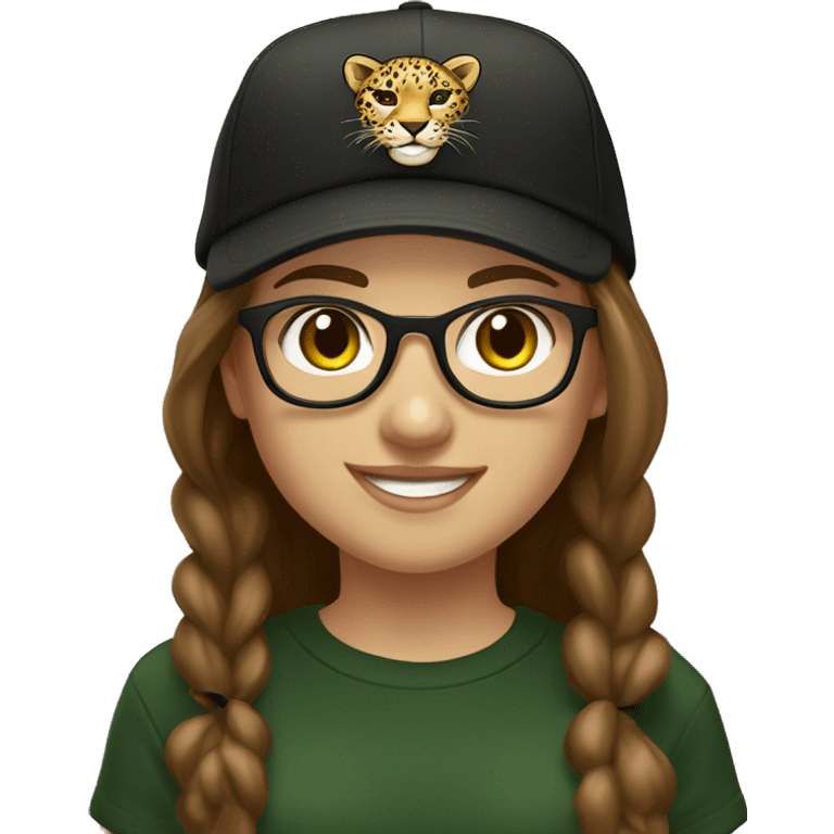 Slavic girl, light skin, smiling with teeth, round brown eyes, leopard frame glasses, long brown straight hair, black T-shirt, dark green cap, badge ribbon. emoji