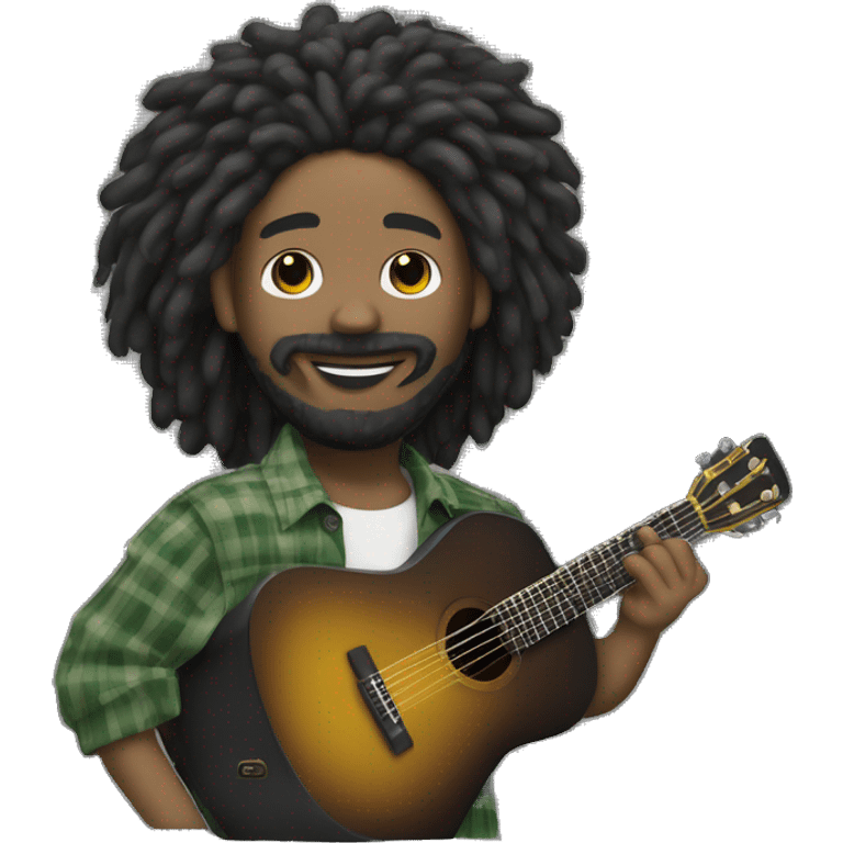 Crie um japonês de cabelo rastafari com uma camisa listrada branca e preta com uma guitarra  emoji