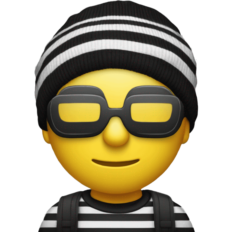 yellow man with blindfold with eyes out black beanie black and white striped shirt sack of money hanging over shoulder emoji