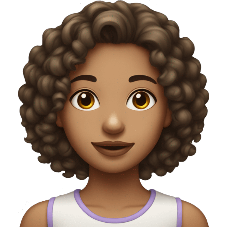 Girl with mid height curly hair , one nose piercing and one beauty mark on her left side of the face on the cheek near the nose . She is a brunette  emoji