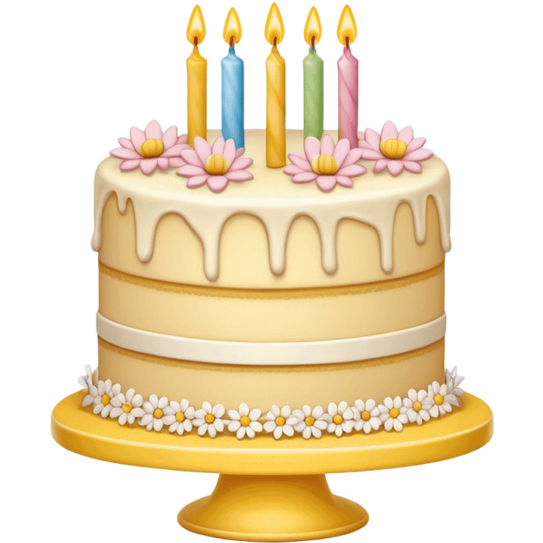  beige and white vanilla birthday cake with flowers, on a yellow cake stand emoji