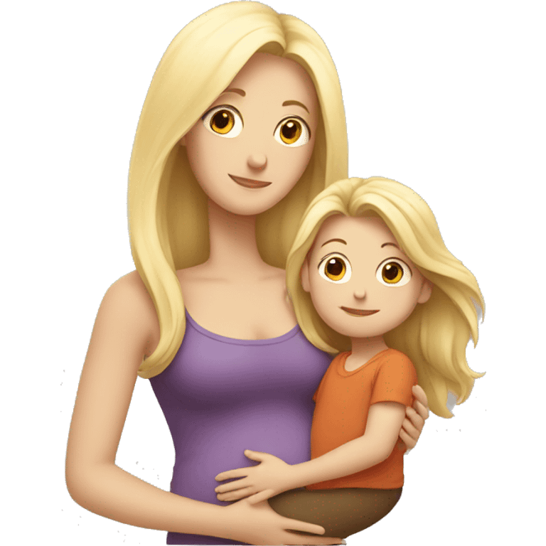 long haired white woman with her son holding her belly emoji