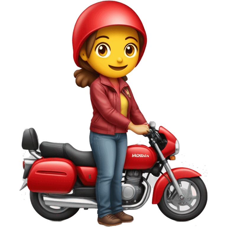 Vendedora feminina com capacete da Honda na cor vermelho e branco e segurando nas mãos uma placa escrito "Honda Lindinha" emoji