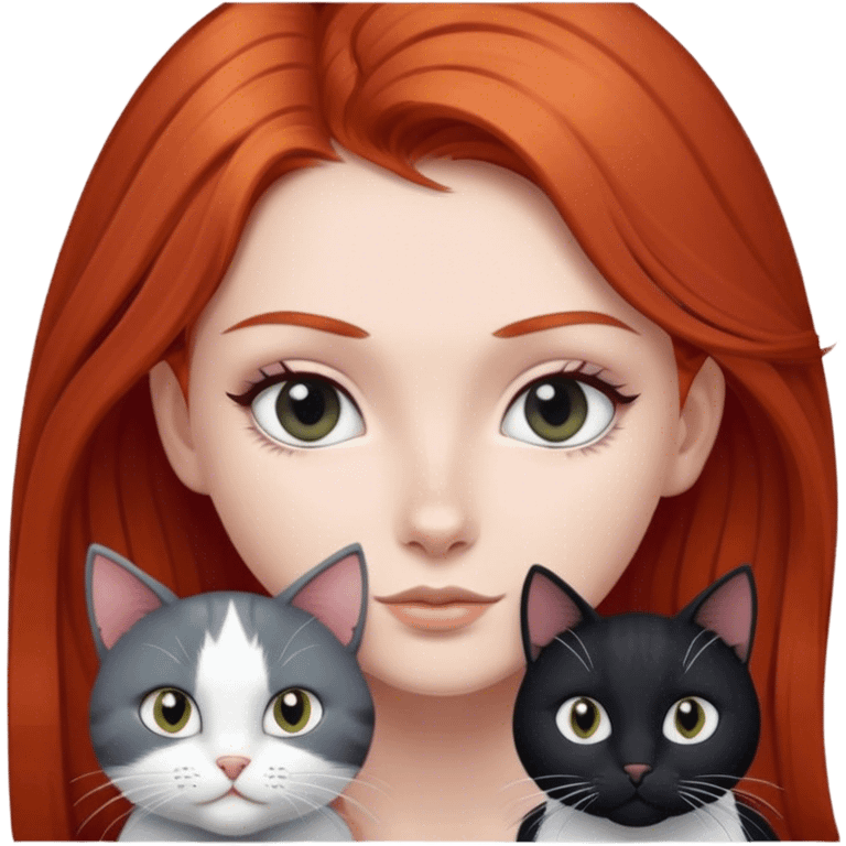 red haired girl grey eyes with a black and white cat emoji