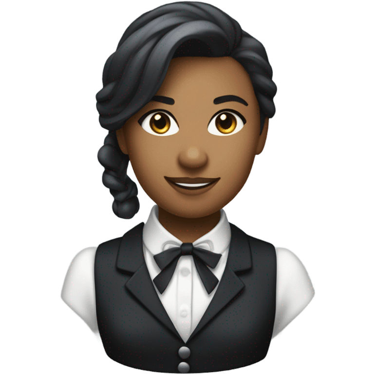 a female butler with a professional and elegant demeanor. She has her hair neatly tied in a ponytail and wears a classic butler uniform, including a tailored vest, crisp white shirt, and bow tie. emoji