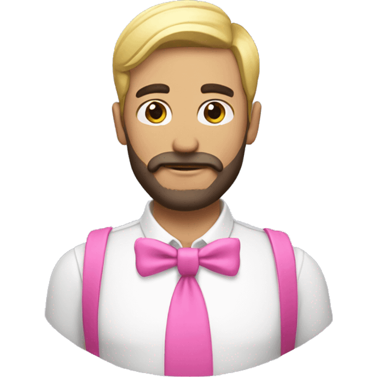 Gay man wearing a pink bow, with a beard his skin is white and has dark hair emoji