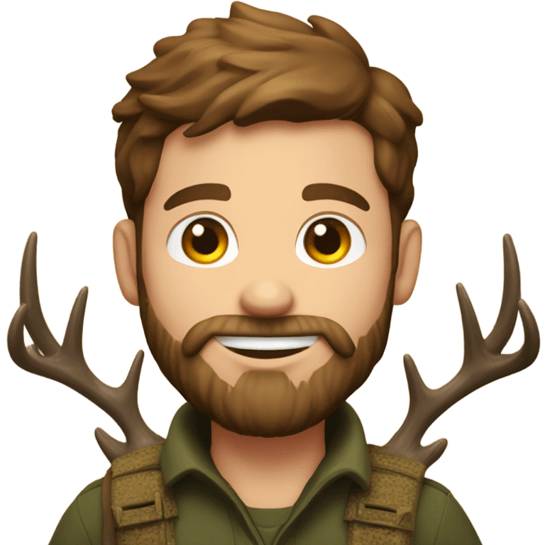 Hunting guy with beard and brown hair with deer and happy birthday sign behind him emoji