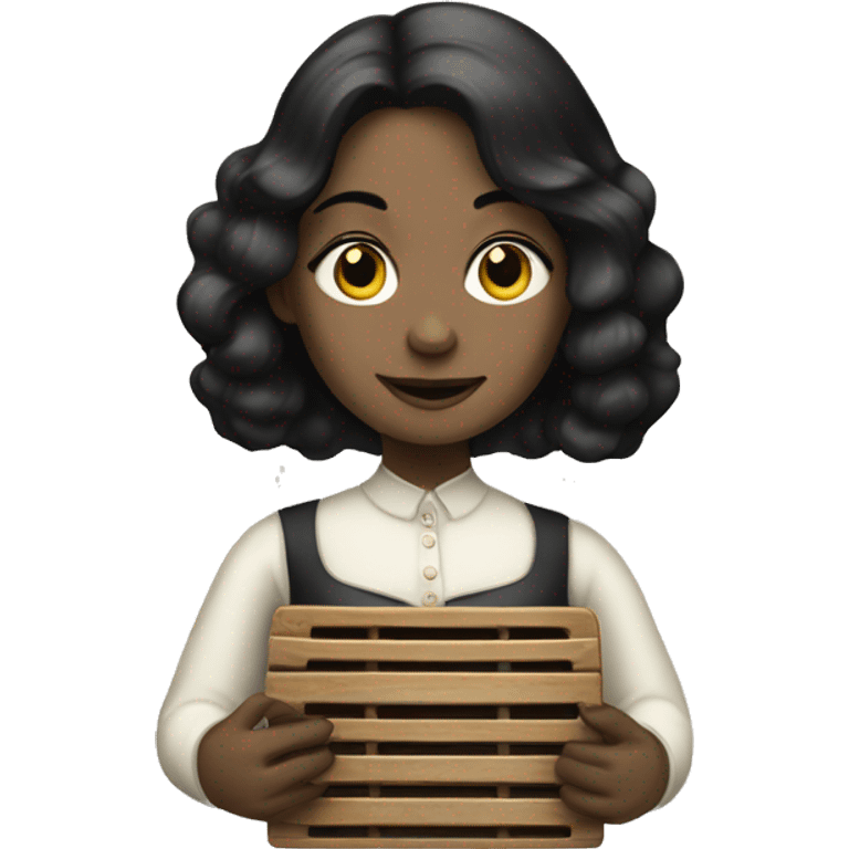 Victorian lady with pale skin and black hair holding soap and a washboard emoji