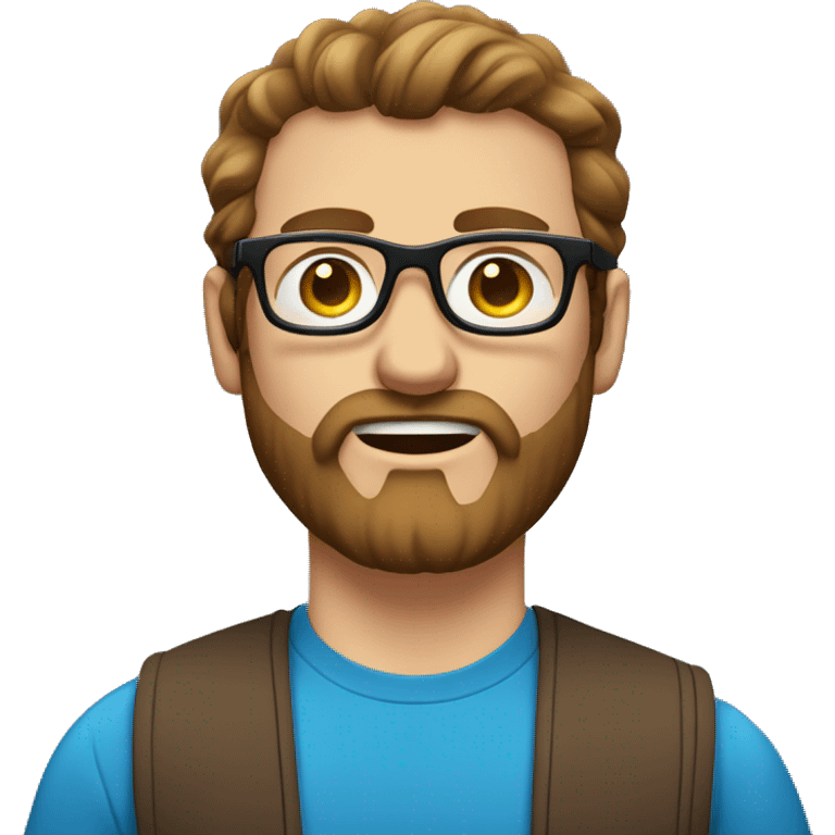 Heavy caucasian young dad, with a blue shirt, with a big brown beard and black rectangle glasses and brown hair  emoji