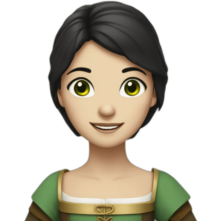 Medieval girl smiling, white skin, black hair, green eyes emoji