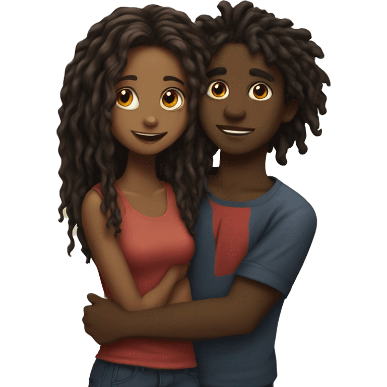 Brown girl with wavy hair hugging black boy who has dreads  emoji