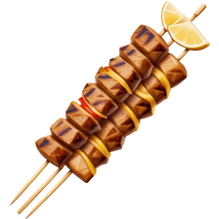 Cinematic Realistic Souvlaki Dish Emoji, showcasing skewered, grilled meat with Mediterranean spices rendered with dynamic textures and warm, appetizing lighting. emoji