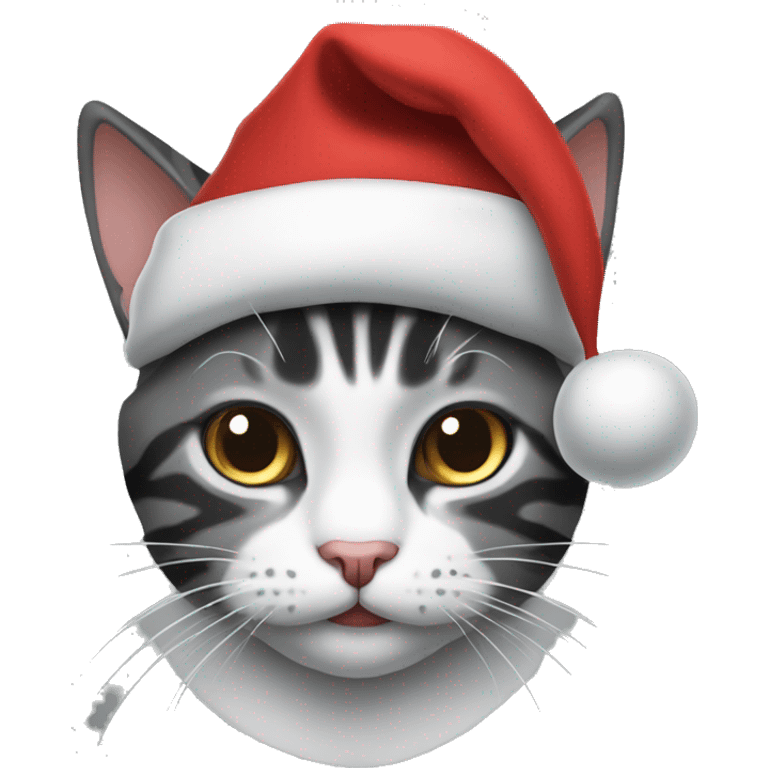 Black, grey, and white tabby cat wearing a Santa hat emoji