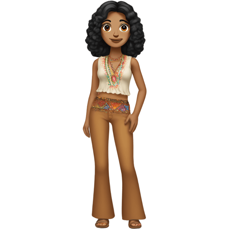 Tanned woman with black hair dressed in 1970s hippie attire, hair, makeup, and attire emoji