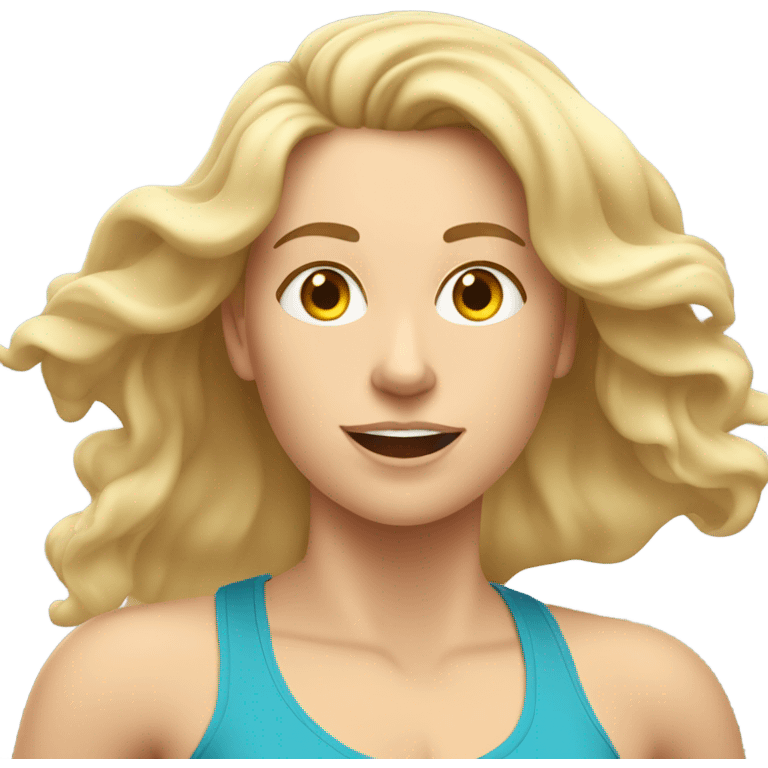 White woman, long hair, blonde hair, wavy hair, treadmill, sweating emoji