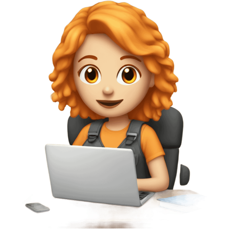 Orange haired white girl working on a laptop in a cozy room emoji