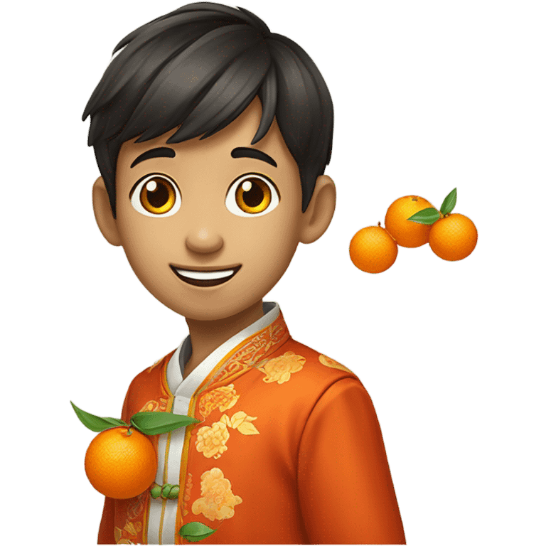 portrait of a stylish boy with mandarin oranges for chinese new year emoji