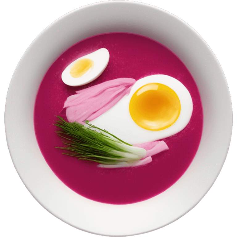 White bowl of Pink soup no face, put a hard boiled egg on top of the soup as decoration that’s cut in half, some dill, beetroot shreds  emoji