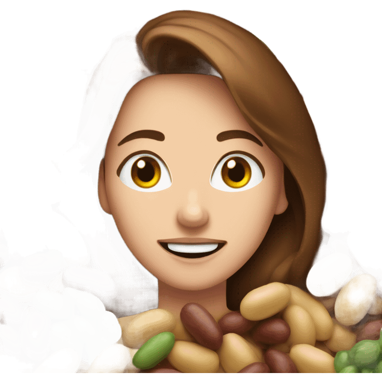 Brown haired woman obsessed with beans emoji