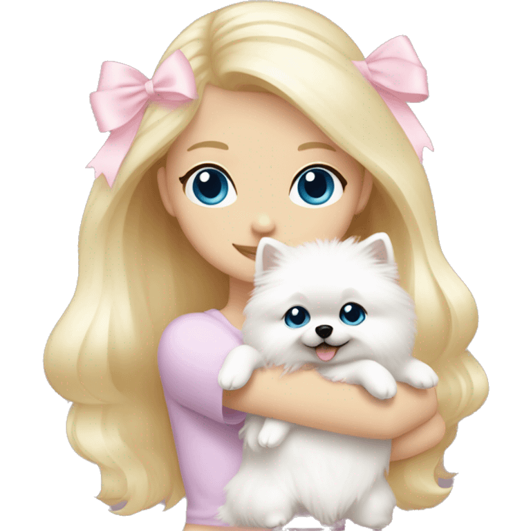 Blond girl white skin blue eyes hugging white Pomeranian with light pink bow emoji