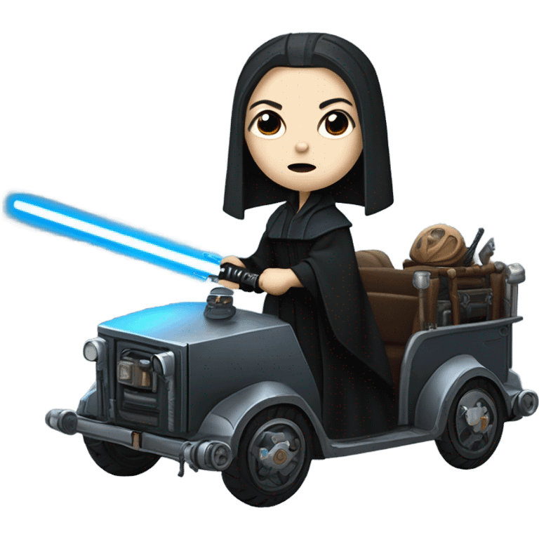 Wednesday Addams Jedi bounty hunter driving a modern blue and pewter steampunk electric wagon emoji