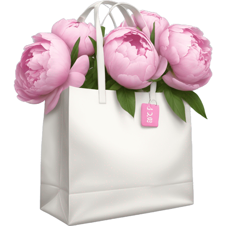 Realistic white shopping bag with pink peonies in it  emoji