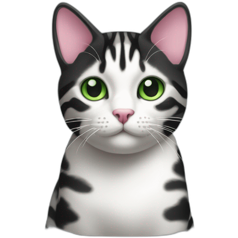 Black and white tabby cat with green eyes and pink nose emoji