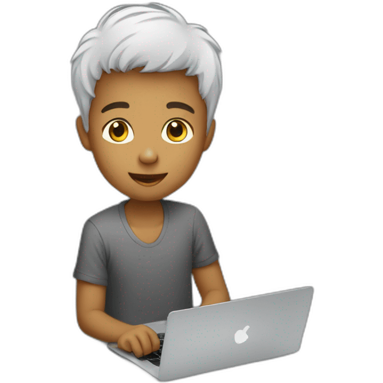 boy using a macbook, wearing a t-shirt whit  emoji